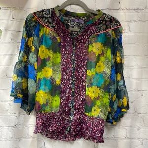 Sugar lips silk multi floral boho pattern sheer small top